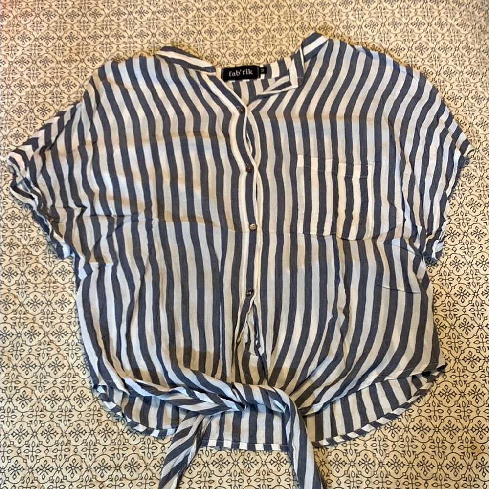 fab'rik Blue and White Boxy Tie Front Button Down Shirt